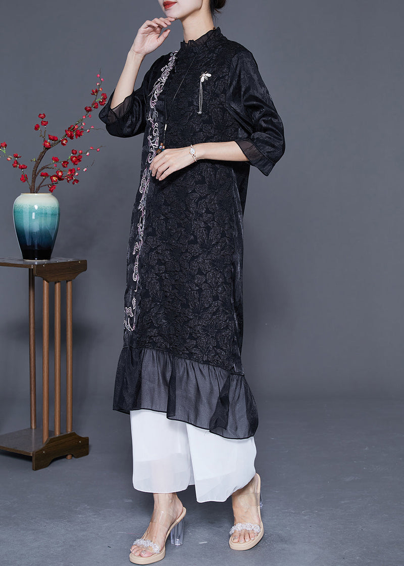 Black Embroideried Patchwork Jacquard Silk Dress Bracelet Sleeve