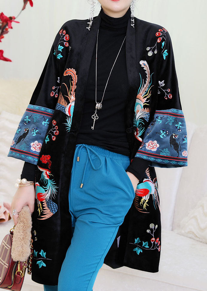 Black Embroideried Patchwork Velour Parka Winter