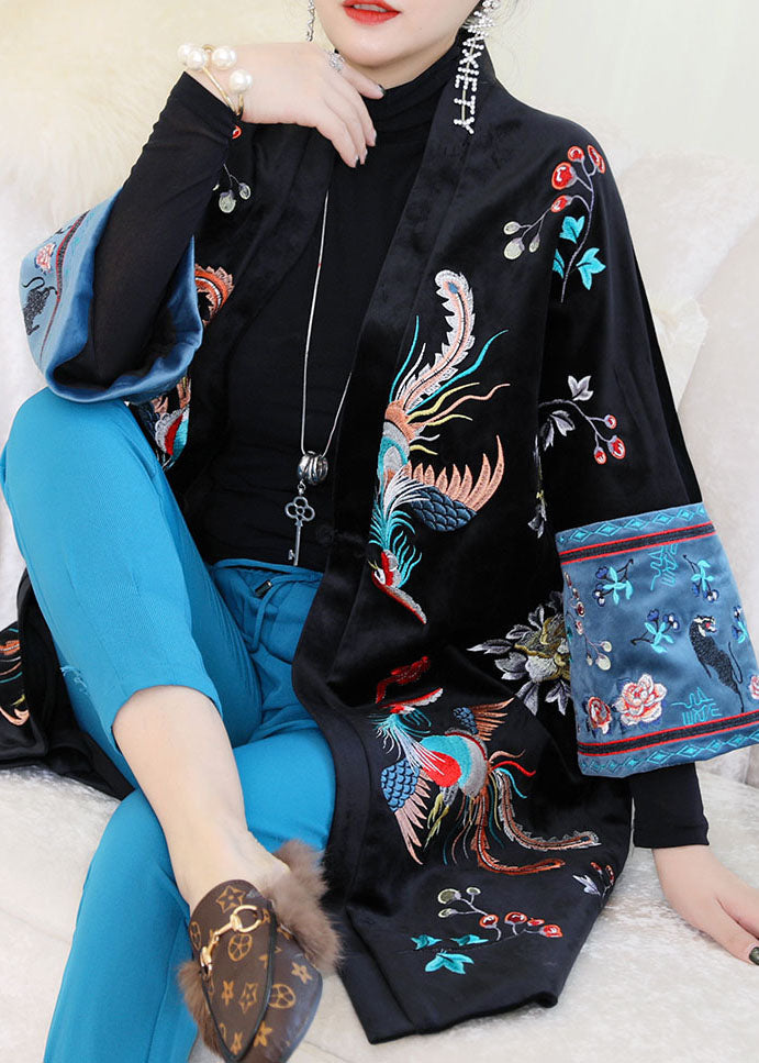 Black Embroideried Patchwork Velour Parka Winter