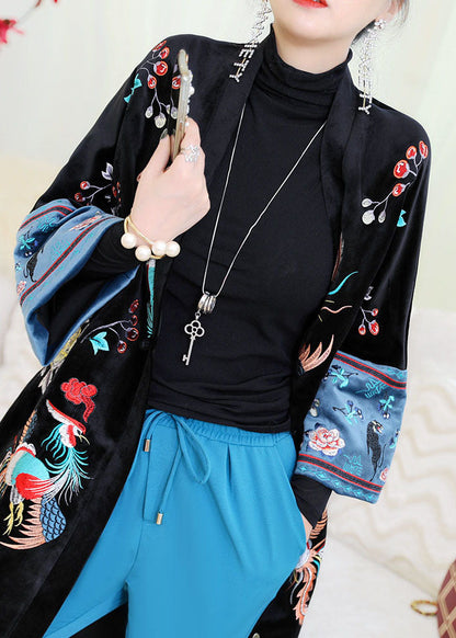 Black Embroideried Patchwork Velour Parka Winter