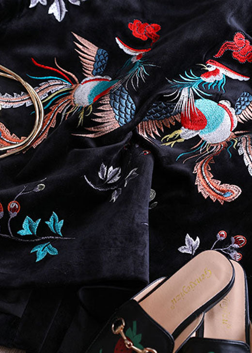 Black Embroideried Patchwork Velour Parka Winter