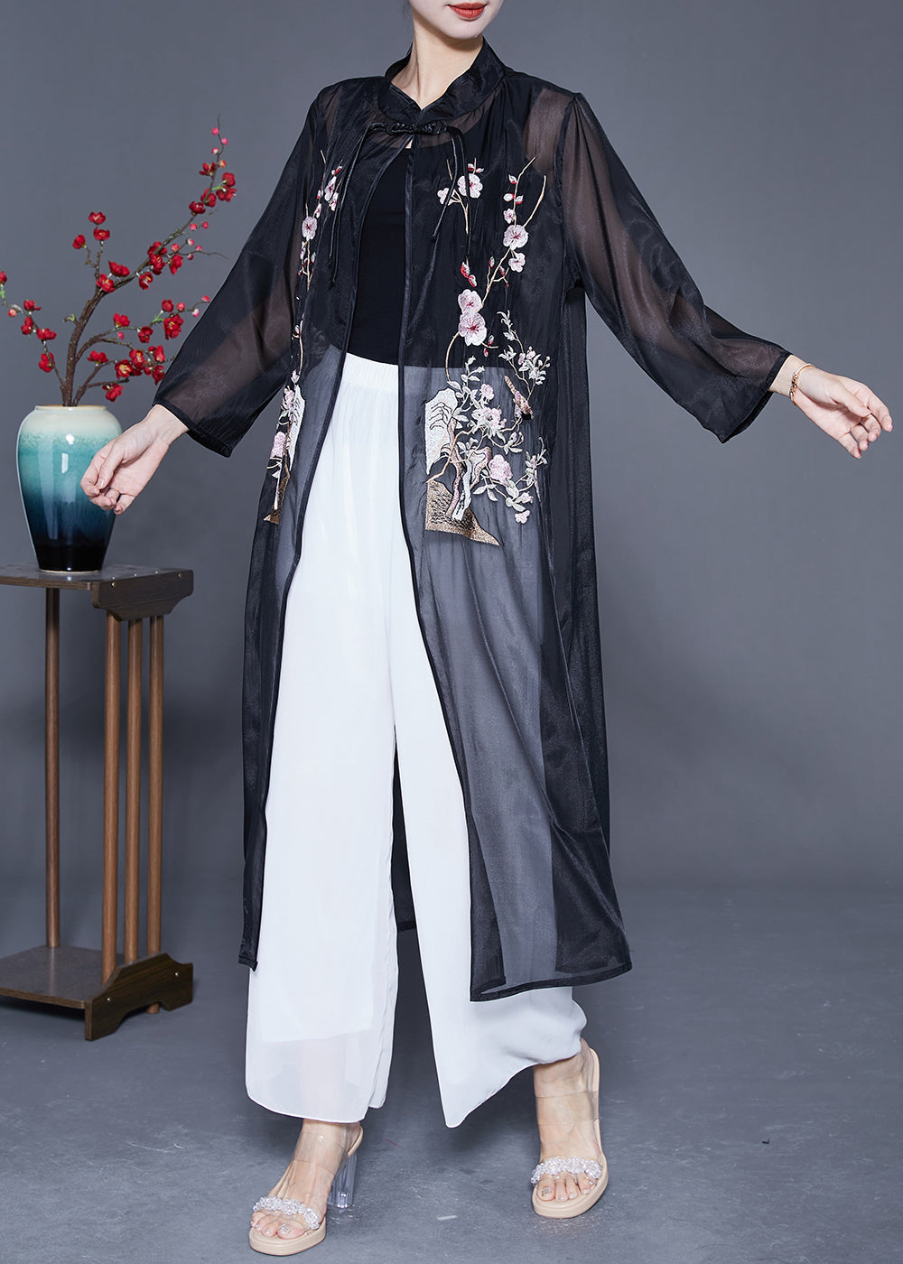 Black Embroideried Tassel Tulle Upf 50+ Cardigan Summer