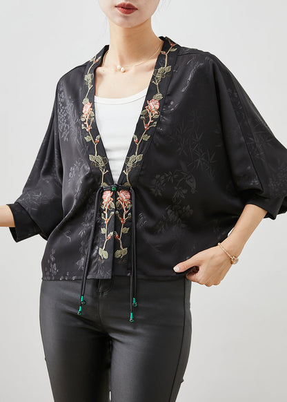 Black Embroidered Tasseled Silk Cardigan Spring