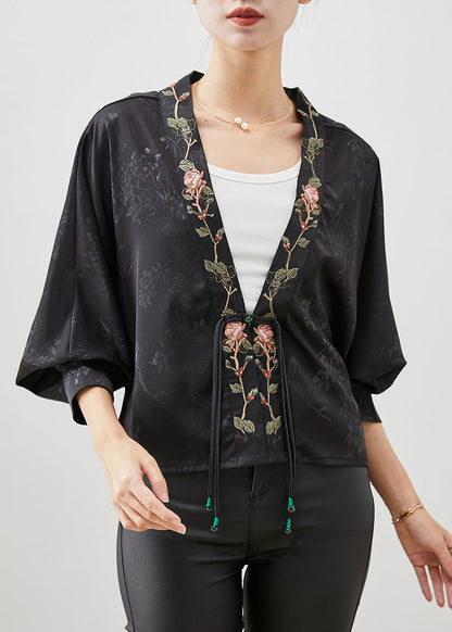 Black Embroidered Tasseled Silk Cardigan Spring
