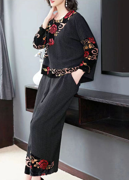Black Embroideried Tops and Wide Leg Pants Cotton Two Piece Set Fall