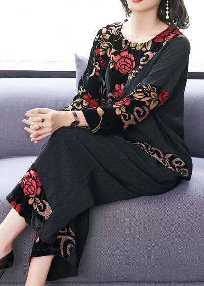 Black Embroideried Tops and Wide Leg Pants Cotton Two Piece Set Fall