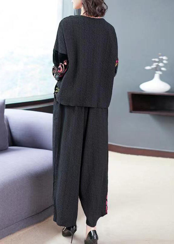 Black Embroideried Tops and Wide Leg Pants Cotton Two Piece Set Fall