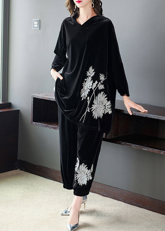 Black Embroideried Velour Top and Pants Two Pieces Set Fall