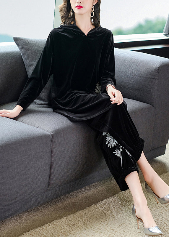 Black Embroideried Velour Top and Pants Two Pieces Set Fall