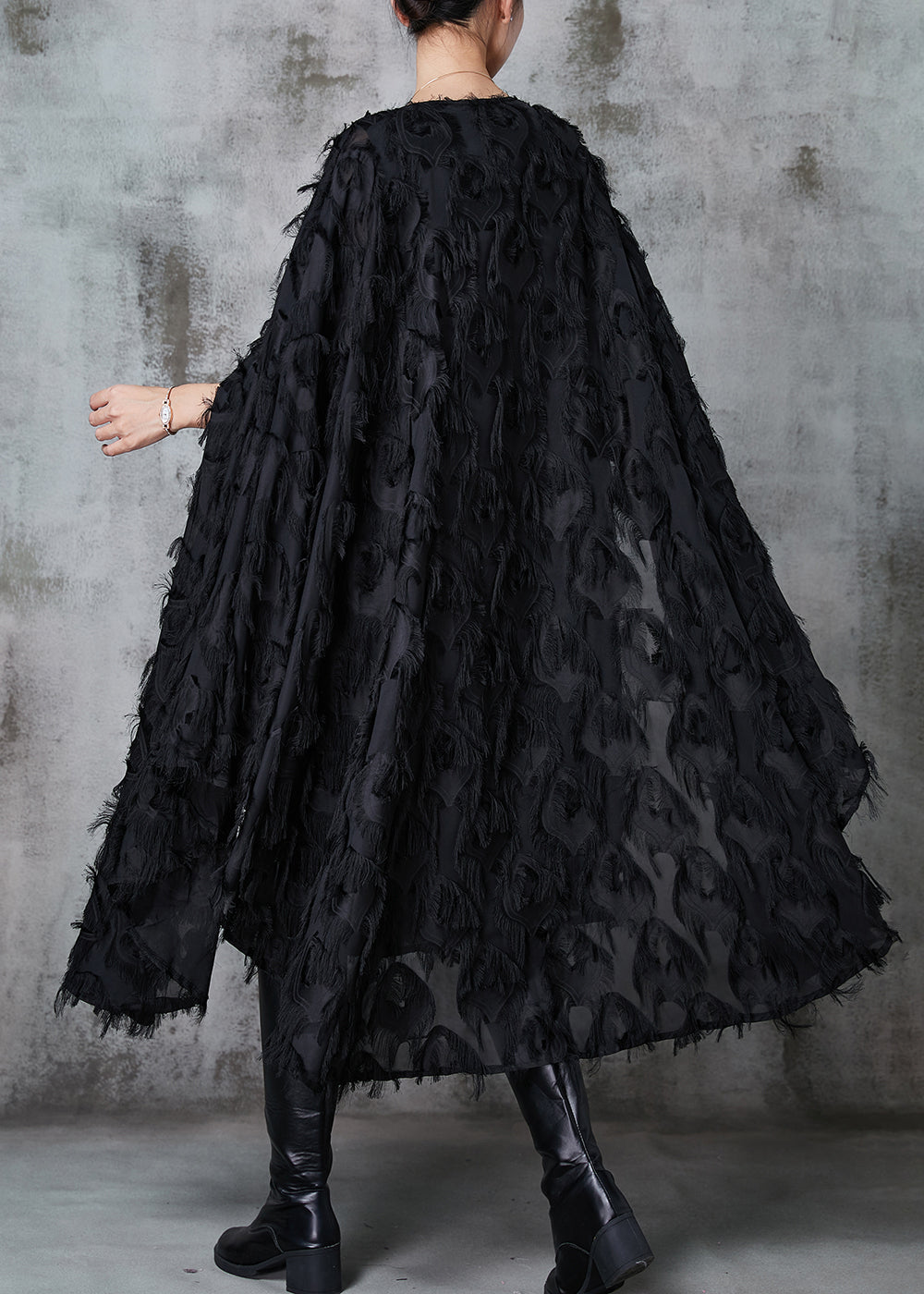 Black Fluffy Cotton Vacation Dresses Cloak Sleeves