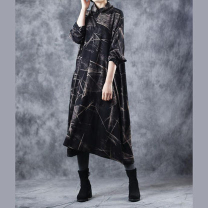Black High Neck Cotton Base Baggy Dresses for