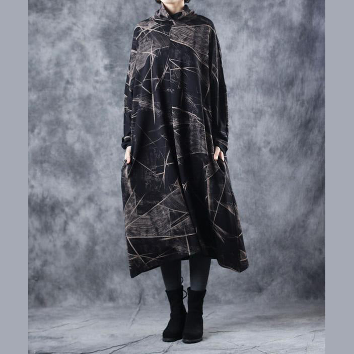 Black High Neck Cotton Base Baggy Dresses for