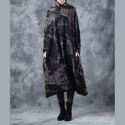 Black High Neck Cotton Base Baggy Dresses for