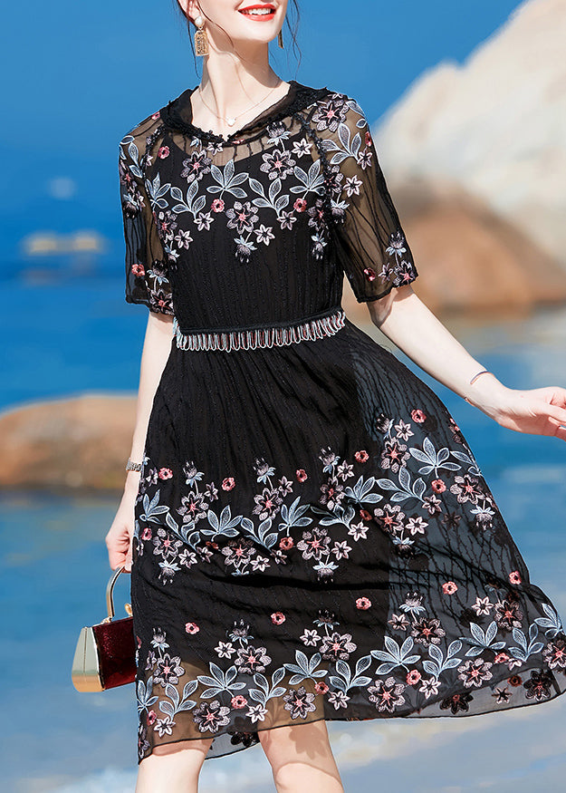 Black Hooded Embroideried Silk Holiday Dress Short Sleeve
