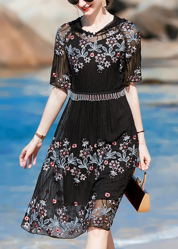 Black Hooded Embroideried Silk Holiday Dress Short Sleeve