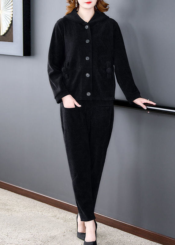 Black Hooded Color Corduroy Coats and Harem Pants Two Pieces Set Winter