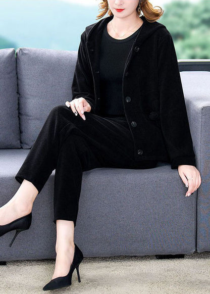 Black Hooded Color Corduroy Coats and Harem Pants Two Pieces Set Winter