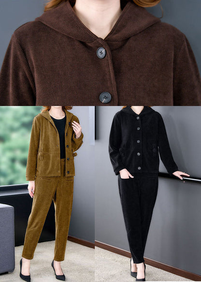 Black Hooded Color Corduroy Coats and Harem Pants Two Pieces Set Winter