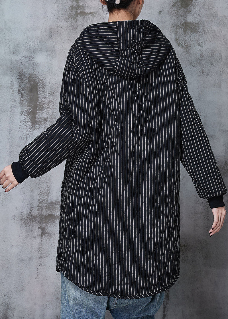 Black Hooded Striped Warm Fleece Coat Winter