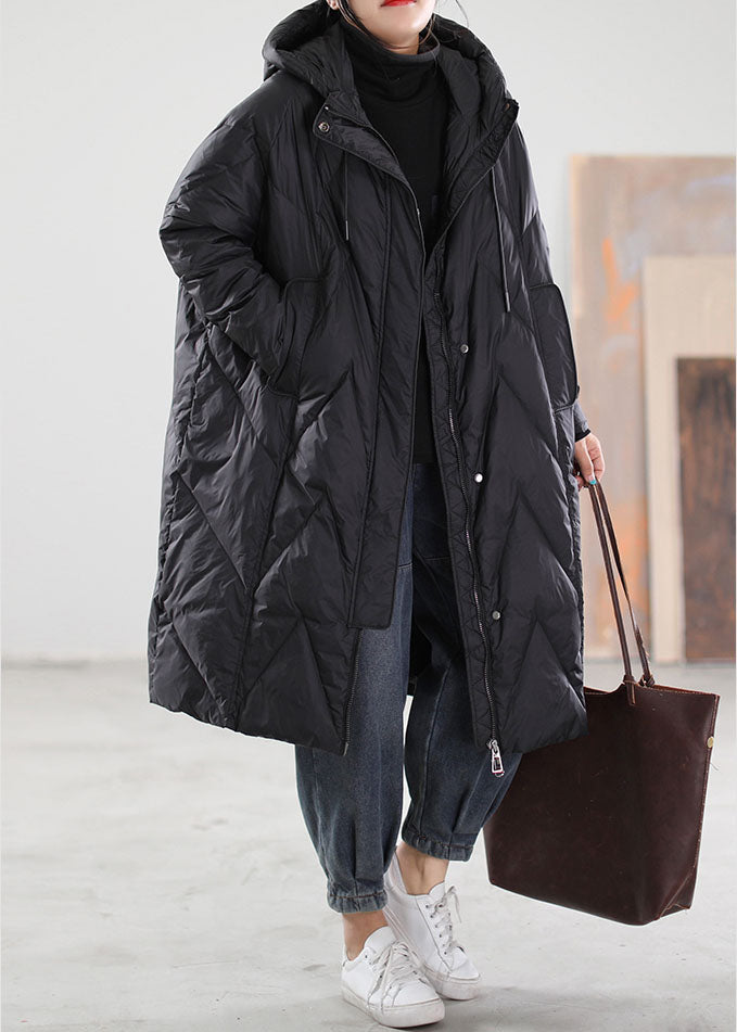 Black Hooded Drawstring Duck Down Winter Coats