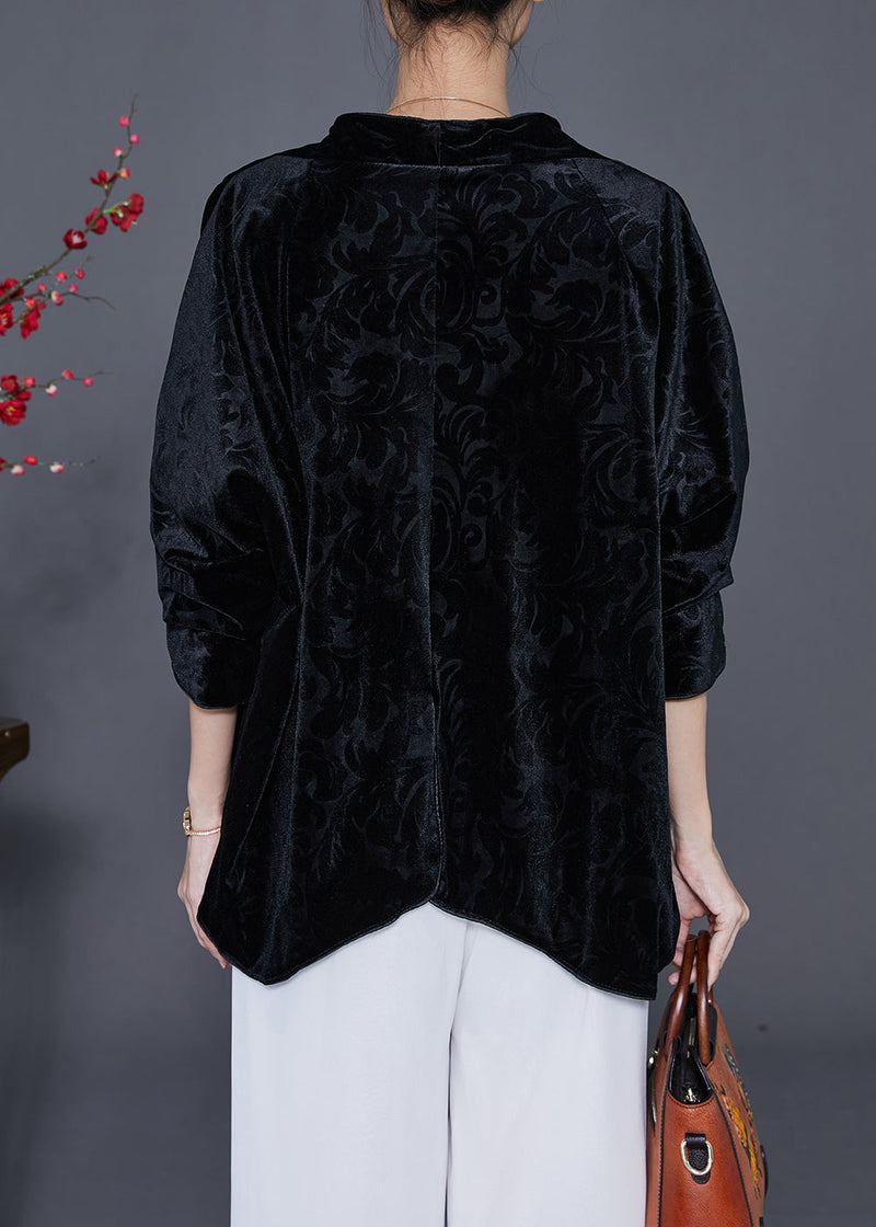 Black Jacquard Chinese Button Silk Velour Jackets Fall