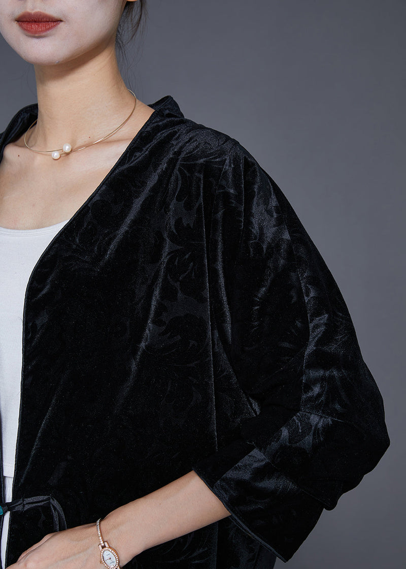 Black Jacquard Chinese Button Silk Velour Jackets Fall