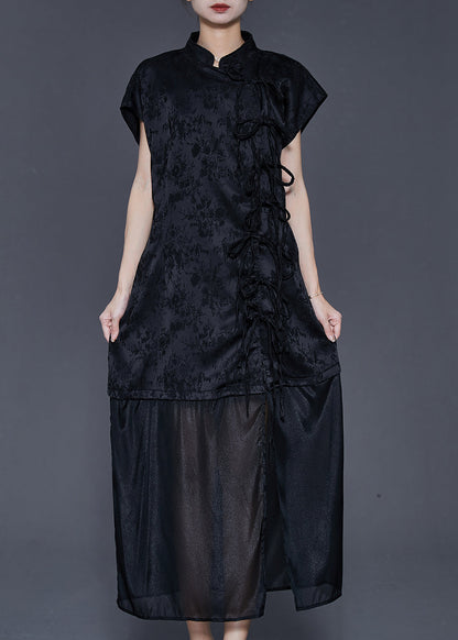 Black Jacquard Patchwork Bow Silk Dress Summer