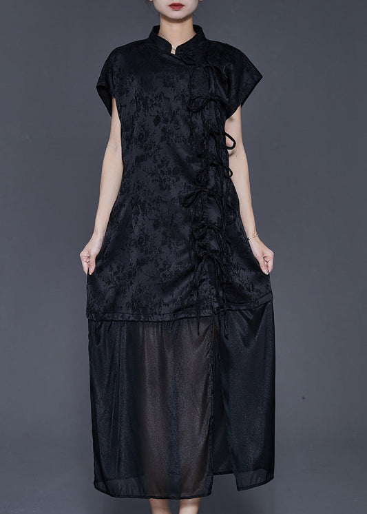 Black Jacquard Patchwork Bow Silk Dress Summer