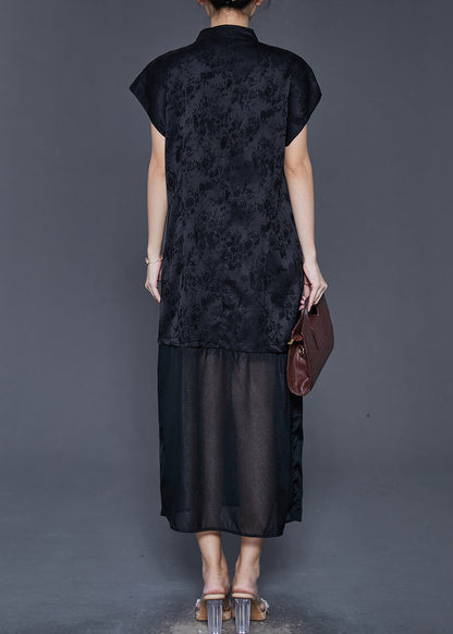 Black Jacquard Patchwork Bow Silk Dress Summer