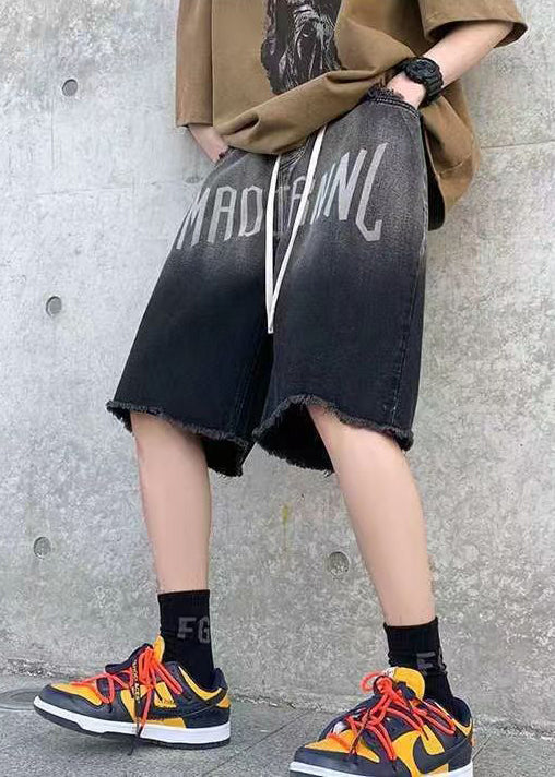 Black Letter Elastic Waist Denim Shorts Summer