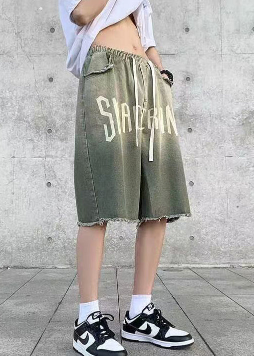 Black Letter Elastic Waist Denim Shorts Summer