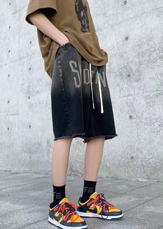 Black Letter Elastic Waist Denim Shorts Summer