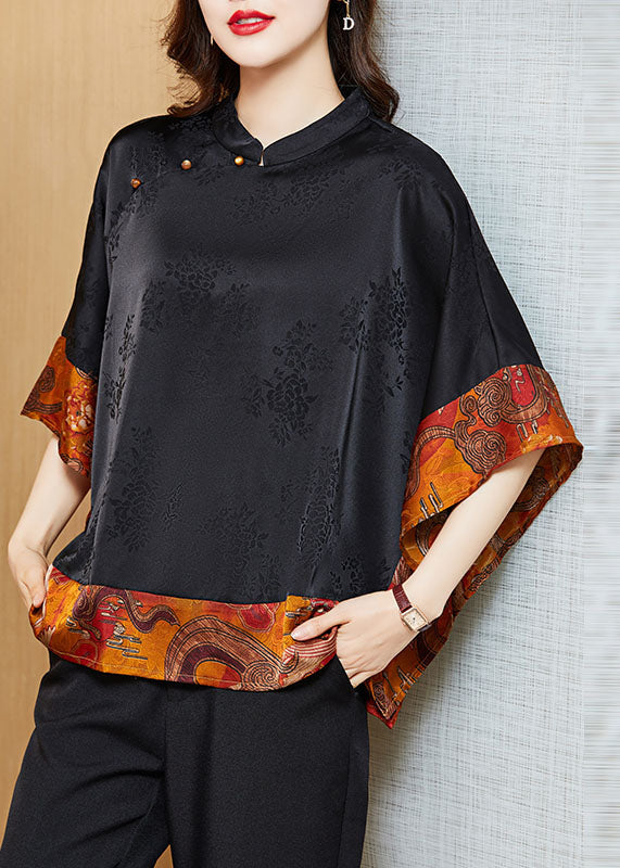 White Plaid Mandarin Collar Asymmetrical Patchwork Jacquard Silk Shirts Batwing Sleeve