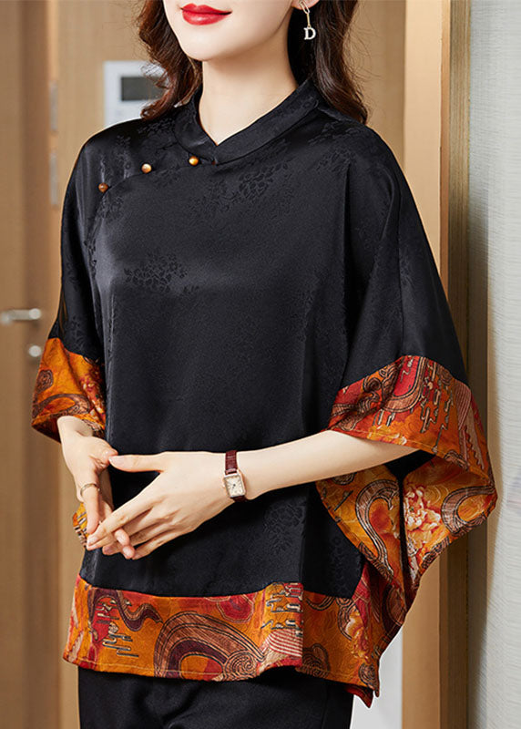 Gray Flower Mandarin Collar Asymmetrical Patchwork Jacquard Silk Shirts Batwing Sleeve