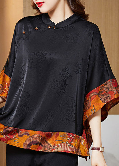 Black Plaid Mandarin Collar Asymmetrical Patchwork Jacquard Silk Shirts Batwing Sleeve