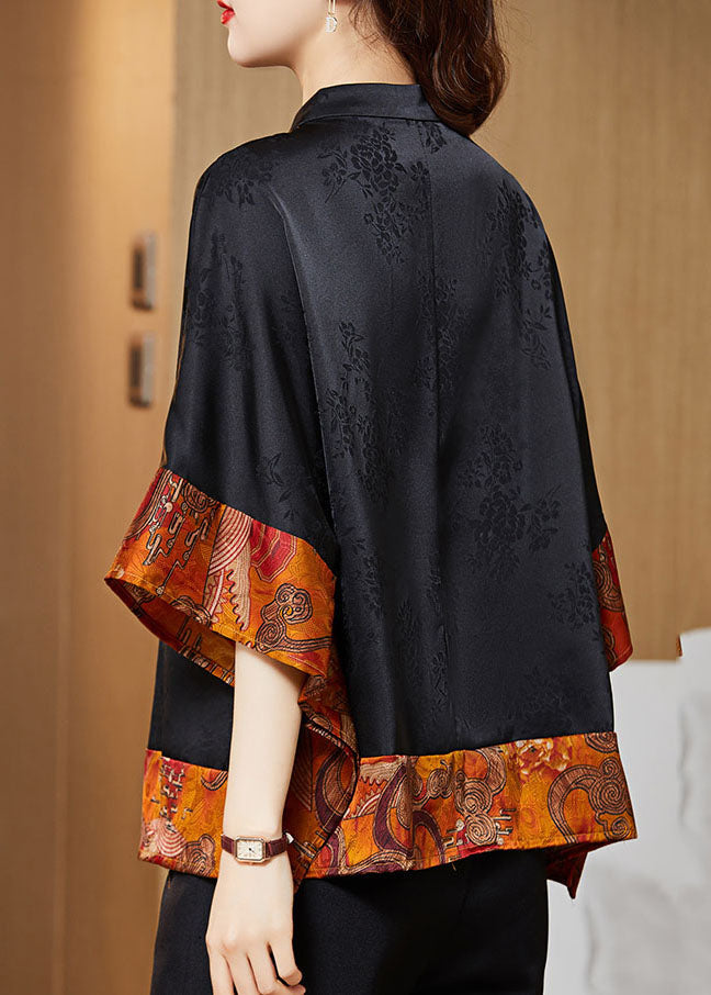 Gray Flower Mandarin Collar Asymmetrical Patchwork Jacquard Silk Shirts Batwing Sleeve