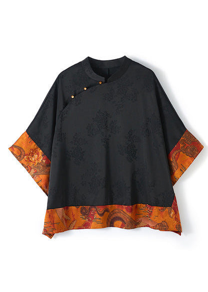 Green Polka Dots Mandarin Collar Asymmetrical Patchwork Jacquard Silk Shirts Batwing Sleeve