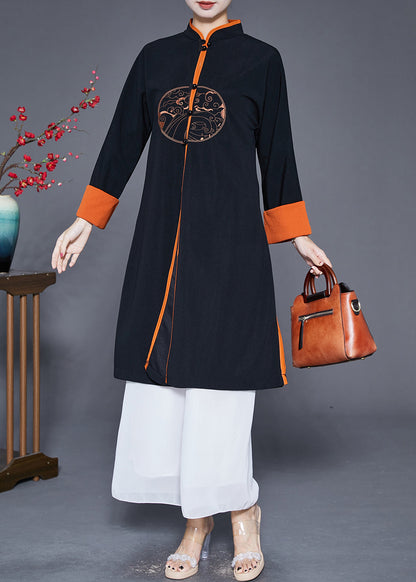 Black Mandarin Collar Embroideried Silk Trench Fall