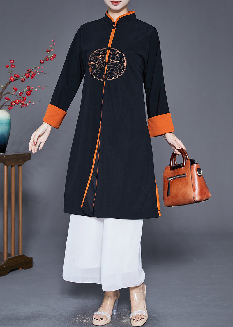 Black Mandarin Collar Embroideried Silk Trench Fall