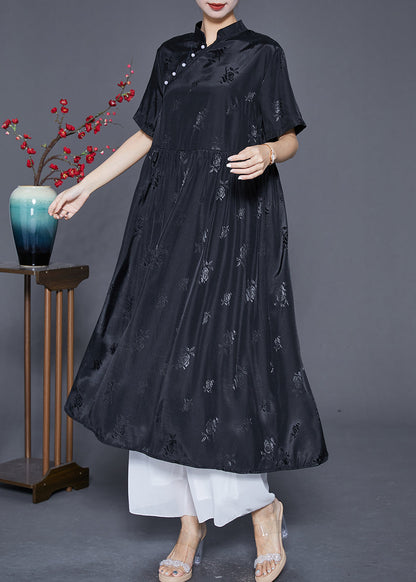 Black Mandarin Collar Jacquard Exra Large Hem Silk Dresses Summer