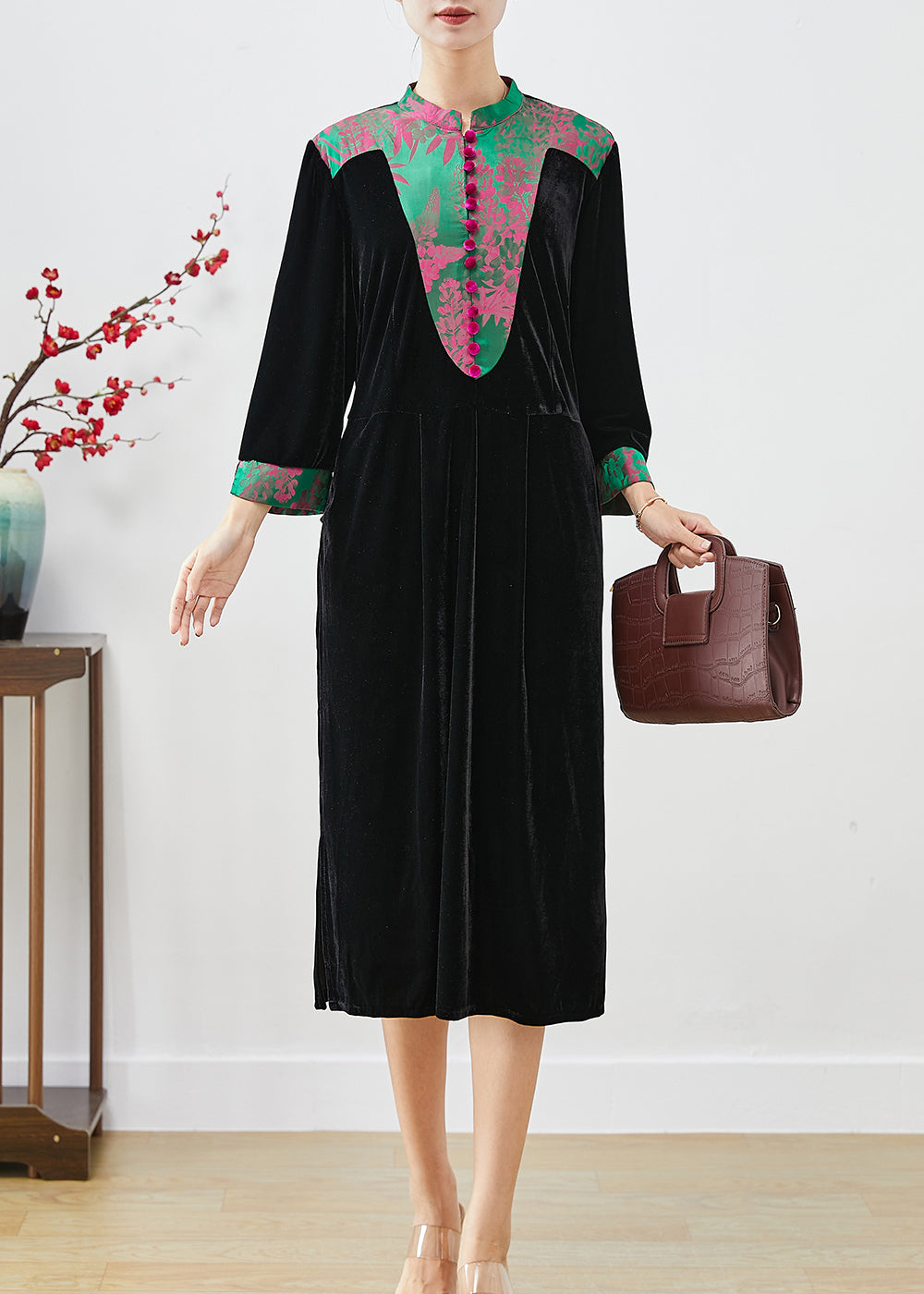 Black Mandarin Collar Patchwork Silk Velour Dresses Fall