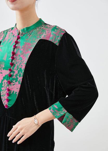 Black Mandarin Collar Patchwork Silk Velour Dresses Fall