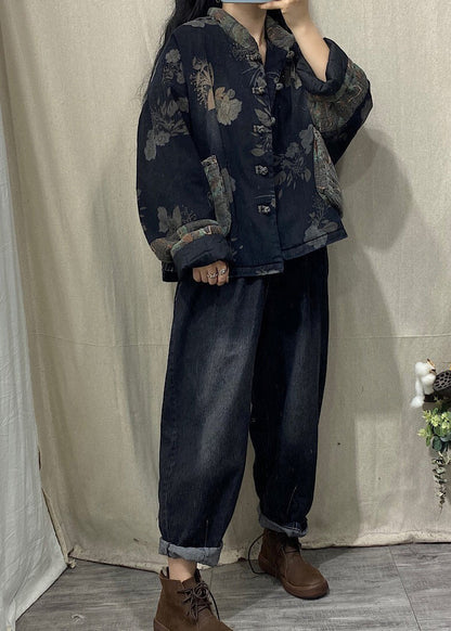 Black Mandarin Collar Print Fine Cotton Filled Witner Coat