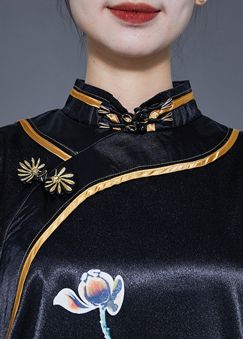 Black Mandarin Collar Print Side Open Silk Chinese Style Dress Summer