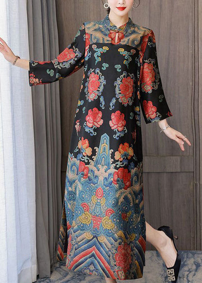 Black Mandarin Collar Print Silk Long Dresses Bracelet Sleeve