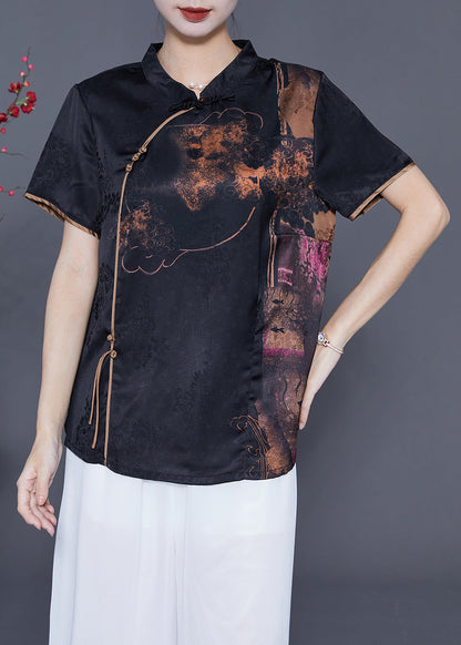 Black Mandarin Collar Print Silk Top Summer