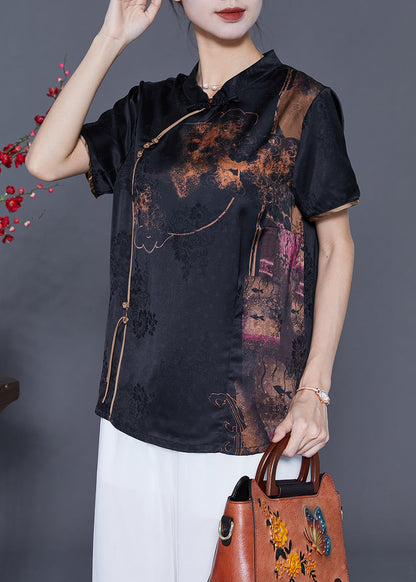 Black Mandarin Collar Print Silk Top Summer