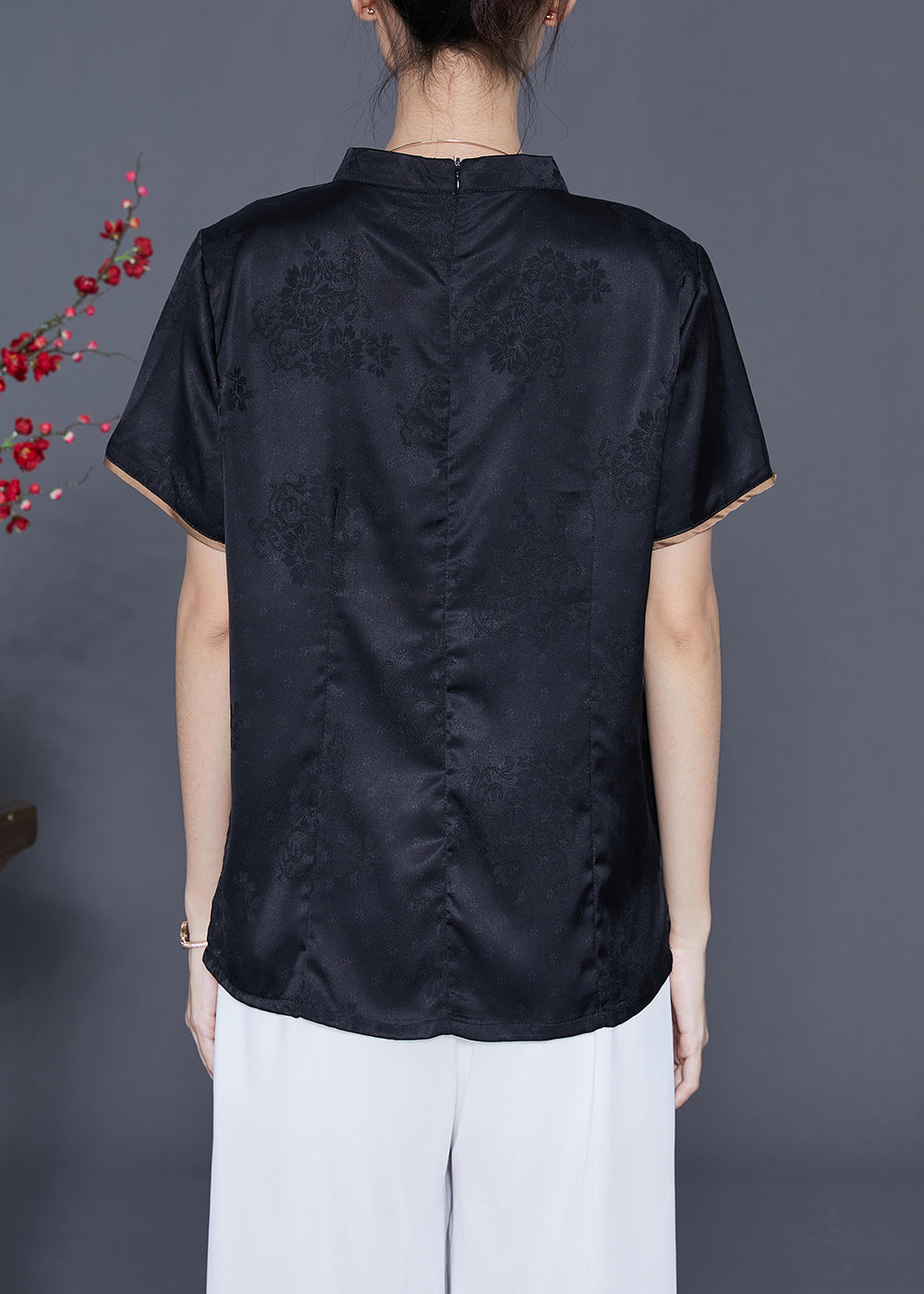 Black Mandarin Collar Print Silk Top Summer