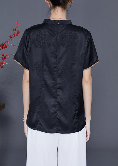 Black Mandarin Collar Print Silk Top Summer