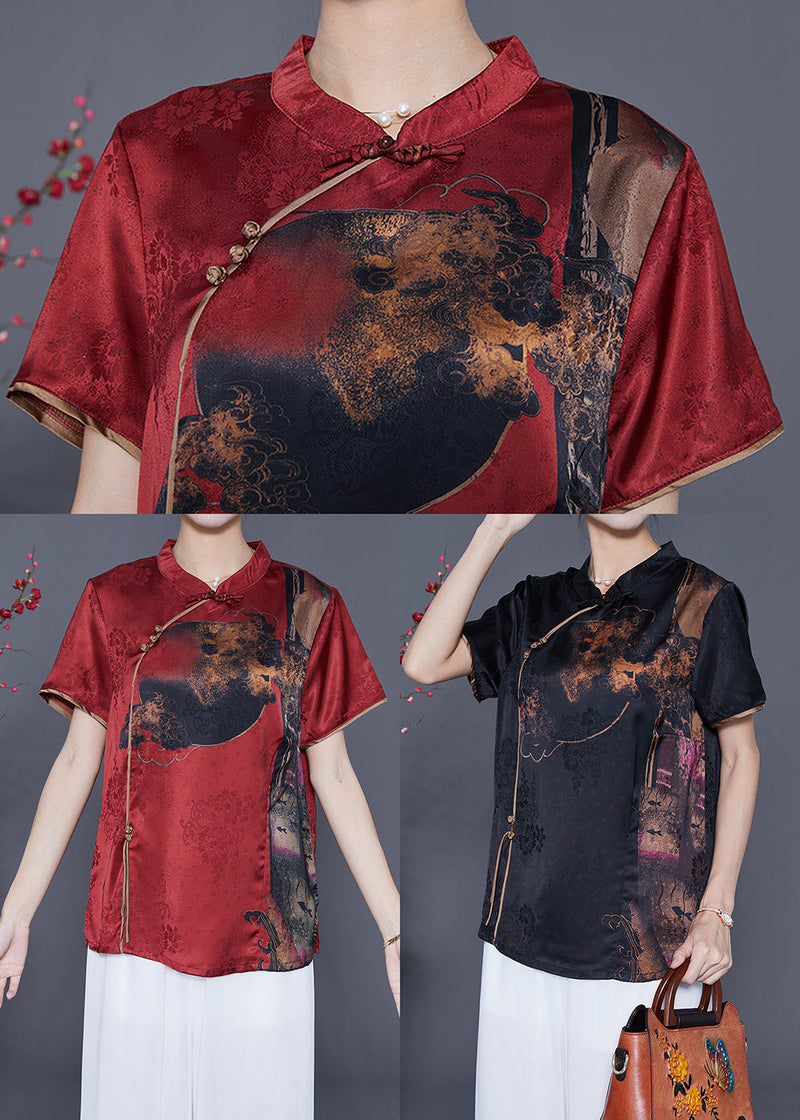 Black Mandarin Collar Print Silk Top Summer